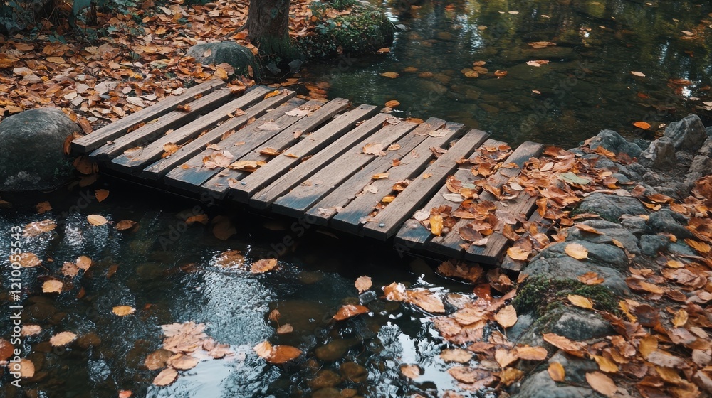 Poster small wooden bridge crossing a tranquil stream surrounded by autumn leaves in a serene natural setti