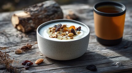 A bowl of yogurt topped with nuts and dried fruits, placed on a rustic wooden table with a cup of herbal tea beside it.