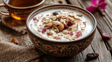 A bowl of yogurt topped with nuts and dried fruits, placed on a rustic wooden table with a cup of herbal tea beside it.