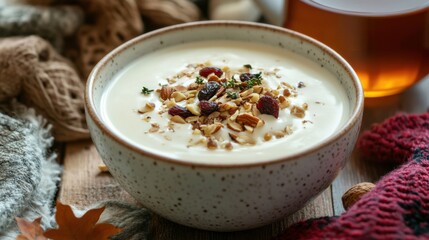 A bowl of yogurt topped with nuts and dried fruits, placed on a rustic wooden table with a cup of herbal tea beside it.