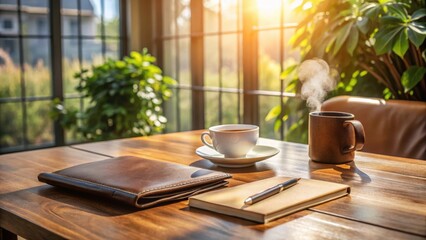 Serene Morning Workspace Warm Sunlight Illuminates a Wooden Table with a Leather Portfolio, Notebook, Pen, and Steaming Cups of Coffee and Tea.