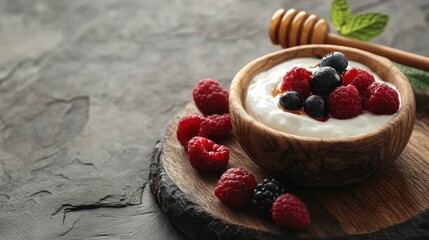 A small wooden board with a bowl of yogurt, fresh berries, and a honey dipper, creating a rustic and cozy vibe. --ar 16:9 --v 6.1 Job ID: 1ea5bf96-fc38-47d3-ab8c-072434b81cc6