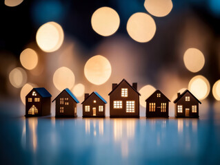 Model houses forming a community, city, bokeh lights in the background
