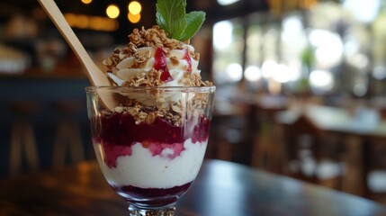 A close-up shot of a yogurt parfait glass with layers of fruit puree, yogurt, and granola, served with a wooden spoon.