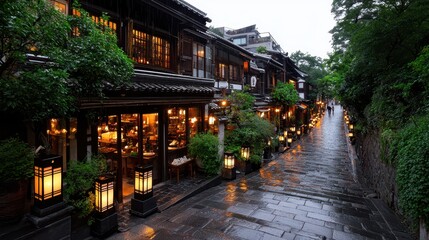 Fototapeta premium Serene Street Scene in Traditional Neighborhood with Lanterns and Wet Pavement