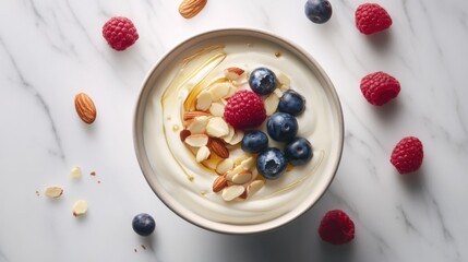 A creamy yogurt bowl with a swirl of honey, topped with blueberries, raspberries, and sliced almonds, placed on a marble surface.