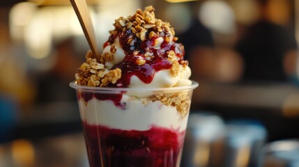 A close-up shot of a yogurt parfait glass with layers of fruit puree, yogurt, and granola, served with a wooden spoon.