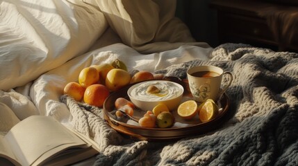 A breakfast in bed scene with a tray of yogurt, fresh fruits, a cup of coffee, and a book on a cozy blanket.