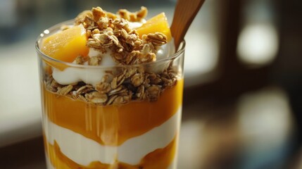 A close-up shot of a yogurt parfait glass with layers of fruit puree, yogurt, and granola, served with a wooden spoon.