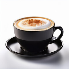 Obraz premium A black cup of cappuccino on a white background.