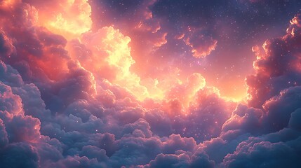 Fototapeta premium Celestial Tapestry: A breathtaking view of a vibrant sunset painting the clouds with warm hues of orange and pink. The clouds, thick and majestic.