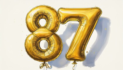 Gold birthday / anniversary party balloon, number 87, watercolor painting with white background