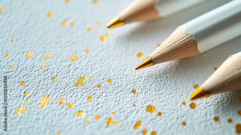 Poster minimalist pencil strokes create a soft ambiance with pastel gray tones and golden accents in a sere
