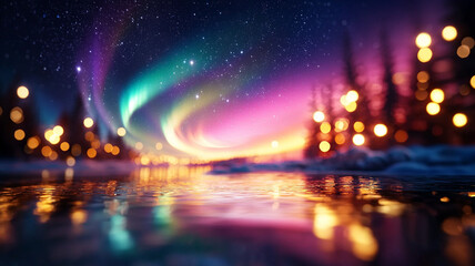 Mesmerizing aurora borealis over frozen lake nature landscape night scene ai generated beauty