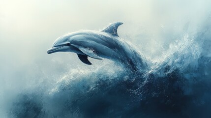 Naklejka premium Dolphin leaping ocean wave, sunrise, marine wildlife, nature poster