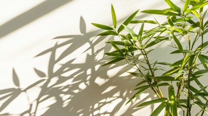 Obraz premium Sunlight illuminates bamboo plant, casting shadows on wall; interior design