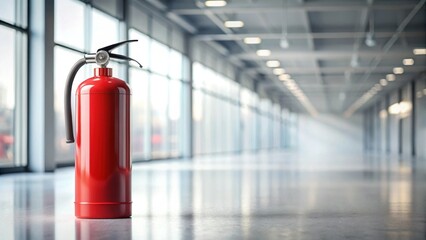A bright red fire extinguisher stands ready in a modern, spacious interior hallway, symbolizing preparedness and safety