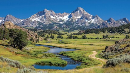 Scenic valley, snow-capped mountains, river, summer. Travel brochure, calendar
