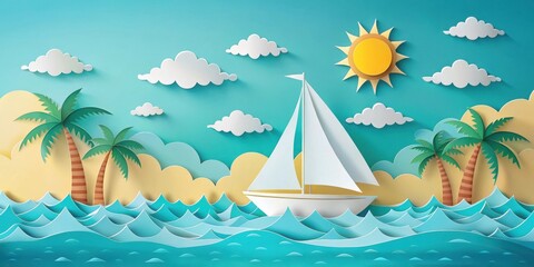 Obraz premium Serene Seascape A Paper Craft Sailboat Navigates Azure Waters Under a Sunny Sky, Adorned with Lush Palm Trees and Puffy Clouds