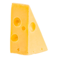 piece of cheese with holes. Emmental cheese triangle, Swiss cheese, isolated on white background