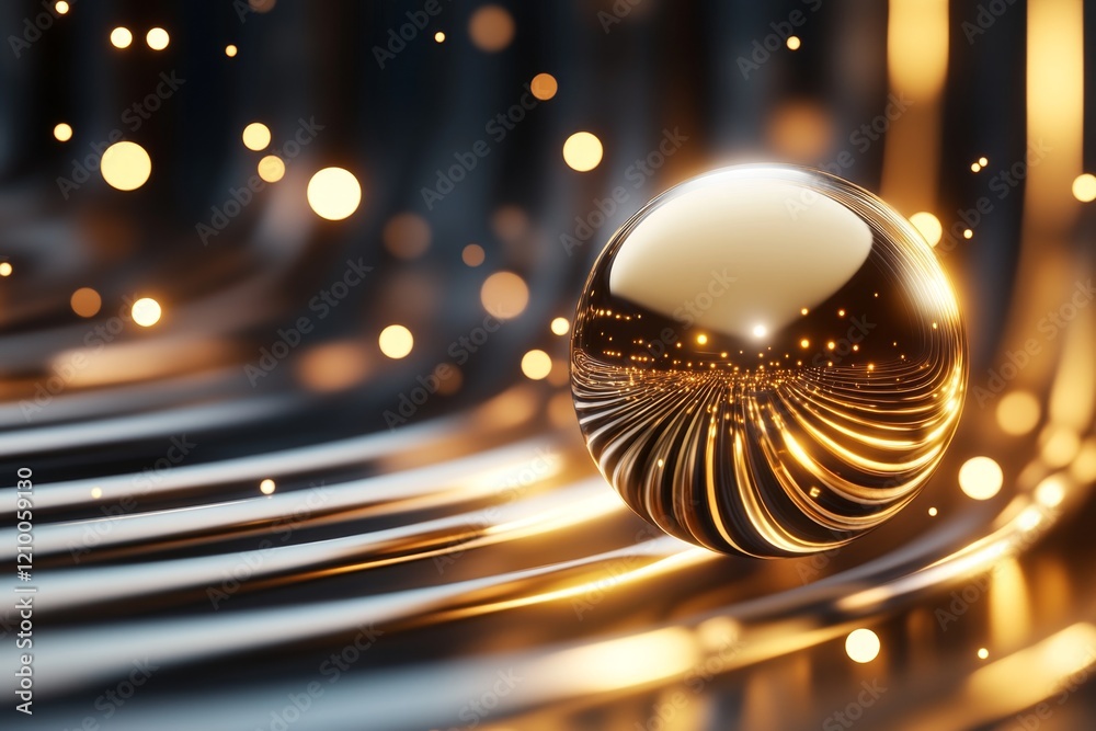 Poster A 3D-rendered golden orb floating in a futuristic room, with intricate details and light patterns reflecting off its surface