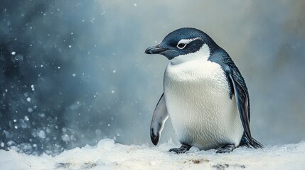 Fototapeta premium Antarctic penguin chick snowy habitat wildlife nature postcard