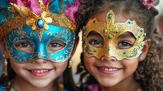 Masked Smiles: Two adorable girls, radiant with happiness, wear ornate, jewel-toned masquerade masks, their smiles capturing the spirit of playful celebration.  