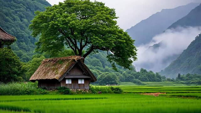 Traditional cottage at Southeast Asia countryside with rice field, sustainable lifestyle scenery no people	
