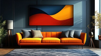 Abstract art above orange sofa in modern living room