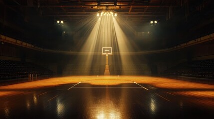 Dimly lit basketball court in empty indoor arena with single spotlight beams down from ceiling, illuminating basketball hoop