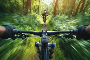 Forest trail biking, speed blur, sunlight, adventure, two riders