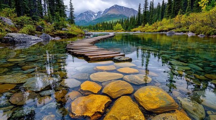 Mountain lake boardwalk autumn serenity nature travel