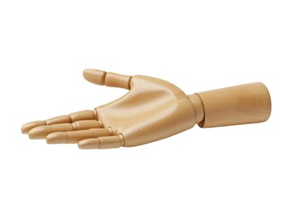 Sustainable and Wooden product. Wooden hand model positioned flat, showcasing fingers and palm structure for artistic reference.