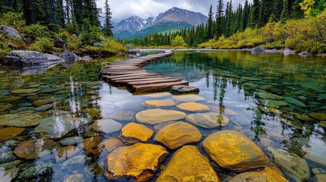 Mountain lake boardwalk autumn serenity nature travel