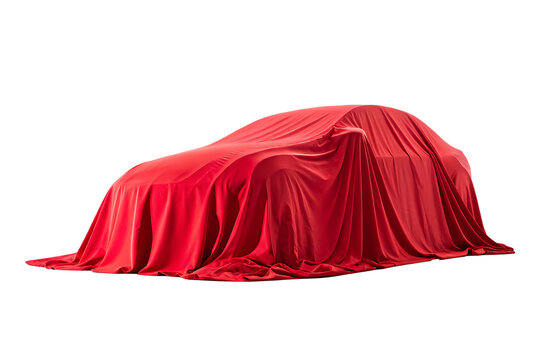 A car completely covered by red velvet cloth draped isolated on transparent background