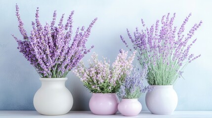 Lavender and pink flowers arranged in elegant pastel vases on a soft background