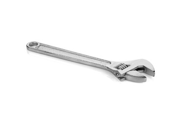 Adjustable wrench isolated on white background with clipping path. Chrome vanadium wrench. Industrial spanner.