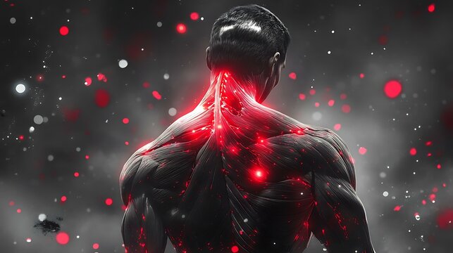 Artistic representation of muscle tension with glowing red trigger pain areas on the upper back