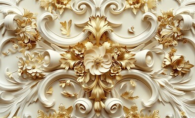 3D wallpaper with a stretched ceiling decoration design featuring golden flowers and leaves.