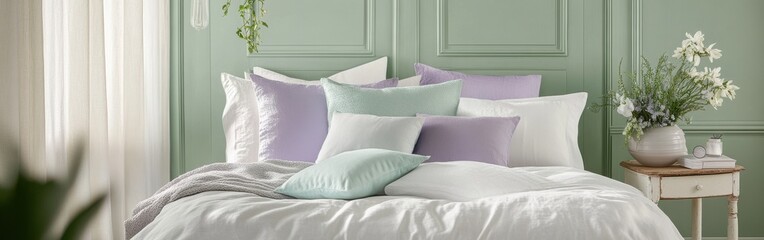 Elegant lavender and mint contrasts blend beautifully in a tranquil bedroom setting
