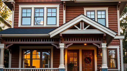 Obraz premium Craftsman Style Home Exterior at Night. Beautiful architecture with wood siding, columns, and a welcoming porch. Perfect for real estate listings or home design inspiration.