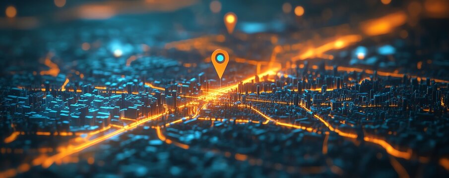 Digital map showing a miniature city model, with clear location markers emphasizing important urban areas, designed in a polished, contemporary style