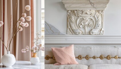 A close-up of an elegant white and gold bed with pink pillows, a white marble wall with ornate relief decoration.
