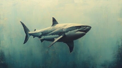 Fototapeta premium Great white shark swimming ocean depth, underwater kelp forest background, marine wildlife poster