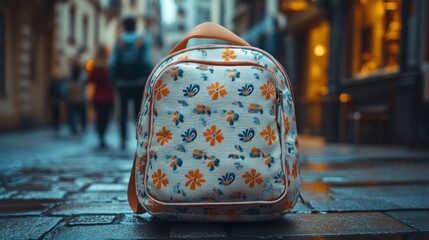 Floral backpack sits on cobblestone street, city background