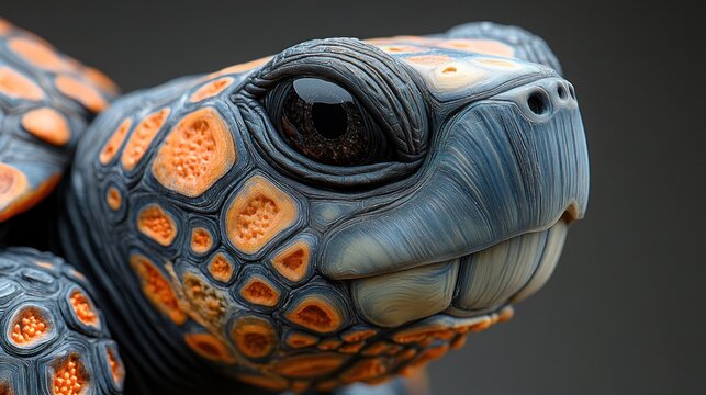 Close-up turtle portrait, detailed shell, gray background, wildlife photography, nature print