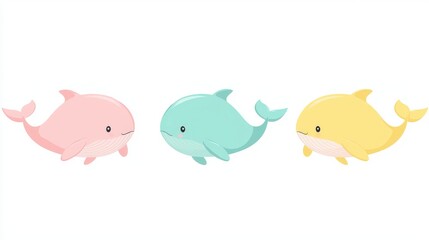 Obraz premium Cute Pastel Vector Clip Art of Adorable Whales in Pink, Yellow, and Teal Colors for Creative Projects and Designs