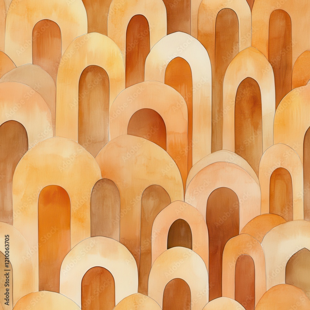 Poster Intricate doodle cartoon drawings featuring warm tones and varying arch shapes creating a captivating pattern
