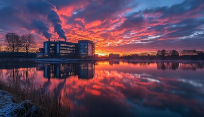 Industrial plant emitting smoke at sunset, mirrored in tranquil water below, with warm, fiery skies reflecting the intensity of the scene