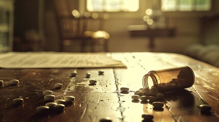 Empty prescription pill bottle on wooden table with scattered pills and medical chart, symbolizing the opioid crisis and healthcare challenges in modern society.